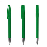 A green plastic pen with a silver tip, featuring a clip and a clear cap. The pen has a logo on it.