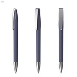 A set of three metal pens with a soft grip in a dark blue finish and silver accents, featuring a branding logo.