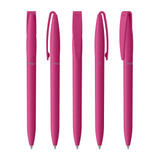 Five pink plastic pens arranged in a row, each with a clip and a branding logo on the barrel.