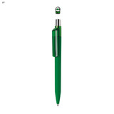A green plastic pen with a transparent green clip and a silver nib, featuring a branding logo on the clip.