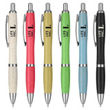 A collection of six eco-friendly pens in white, red, green, blue, and black, featuring a logo on each pen.