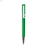 A green plastic pen with a silver clip and a shiny silver tip, featuring a logo.