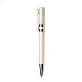 A plastic pen in cream and silver with a sleek design and a clip for easy attachment. It features a logo.