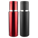 A drink bottle featuring a shiny red and a matte black design, each with a silver band and a logo.
