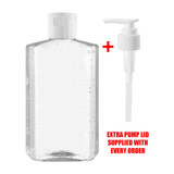 A clear 300ml hand sanitiser gel bottle with a pump lid and an additional pump lid supplied with every order.
