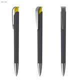 A black and yellow pen with a soft grip and a clip feature, showcasing different angles and a sleek design.