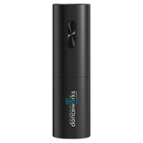 A drink bottle opener in sleek black with a streamlined design and a logo on the surface.