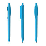 A set of three blue plastic pens positioned upright, each displaying a different angle. They all have a simple design and a clip.