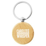 A wooden round key ring with a silver metal attachment, featuring a logo on one side.