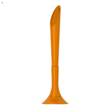 An orange plastic pen with a unique design, featuring a rounded top and a wide base. Includes a logo.