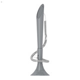 A grey promotional pen with a flexible cord attached to a rounded base and a circular opening at the top.