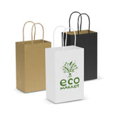 Three small paper carry bags in brown, white, and black, each with handles and featuring a logo on the white bag.