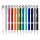 A collection of metal pens in various colours, including blue, green, red, and silver, with a shiny finish.