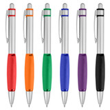 A set of metal pens in six colours: red, orange, green, blue, purple, and black, featuring rubber grips and clips.