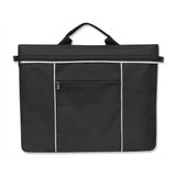 A black Envoy Satchel with a zippered main compartment and a front pocket, featuring white piping accents.