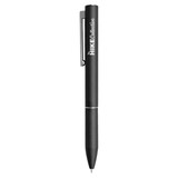 A sleek black metal pen featuring a clip and a logo on the side. Ideal for writing tasks.