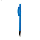 A blue plastic pen with a smooth body and a clip on the side, featuring a shiny silver tip.