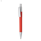 A red plastic pen with a silver clip and tip, featuring a branding logo.