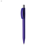 A purple plastic pen with a silver clip and tip, featuring a simple design and a logo.