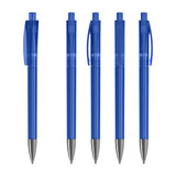 A set of transparent blue plastic pens with silver tips, featuring clips and a logo on each pen.