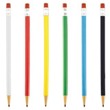 A collection of round mechanical pencils in white, red, yellow, green, blue, and black, featuring erasers and a logo.