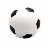 A small white stress soccer ball with black hexagonal patches and a branding logo.