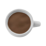 A white ceramic cup filled with a brown liquid, resembling tea or coffee, with a simple handle.