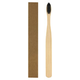 A bamboo toothbrush with a long handle and black bristles, beside a simple brown packaging box.