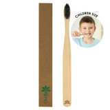 A bamboo toothbrush for kids in natural wood tones, packaged in a brown rectangular box with a logo.