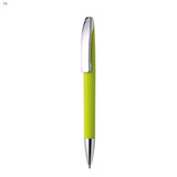 A metal pen with a bright green barrel and a chrome clip, featuring a sleek design and a branded logo.