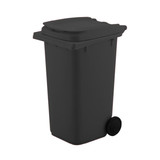 A grey wheelie bin pen holder with a lid and a wheel, designed for office use. It features a simple, modern design.