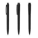 Three sleek black plastic pens with a high gloss finish and varying clip designs, accompanied by branding.