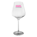 A clear wine glass with a wide bowl and tall stem, featuring a logo in pink.