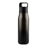 A drink bottle in sleek black with a secure lid and a handle, featuring a simple logo on the side.