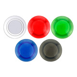 A collection of five circular plastic button magnets in clear, red, green, blue, and dark grey colours.