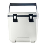 A white cooler box with a grey strap and black latches, featuring a sturdy handle. It has a branding logo.
