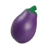A purple stress toy shaped like an eggplant with a green stem. It features a small logo on its side.
