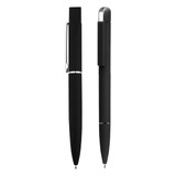 A black pen set features two sleek pens, one with a shiny clip and the other with a matte finish. Both have branding.