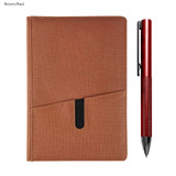 A brown notebook with a pocket and a red pen beside it, featuring a sleek design and a branding logo.