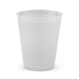 A drink cup in translucent white plastic, featuring a simple design and rounded base. Includes a branding logo.