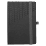 A black notebook featuring a geometric textured cover and a grey elastic band for closure. It has a logo on the cover.