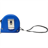 A blue measuring tape with a black strap, featuring a metal clip on one side.