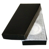 A black rectangular box partially opened, revealing a white cushioning material inside.