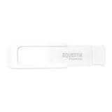 A white camera blocker with a slot for camera coverage and a logo printed on it.