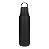 A drink bottle in matte black finish with a metal loop, featuring a sleek design and 600ml capacity.