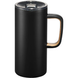 A drink bottle featuring a black exterior, cork handle, and a clear lid, designed as a travel mug. It includes a logo.