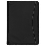A black full grain leather compendium with stitching detail and a side pocket. It features a logo on the front.