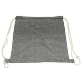 A grey drawstring bag made from a textured fabric, featuring natural-coloured drawstrings and a logo.