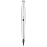 A silver mechanical pencil with a polished chrome accent and a twist action mechanism. It features a logo on the body.