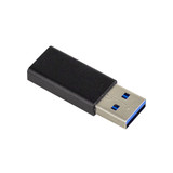 A black USB C adapter with a metallic connector, featuring a logo on the side.